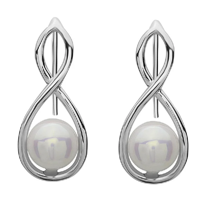 women’s nature-inspired earrings-Sterling Silver Long Infinity with Pearl Earrings