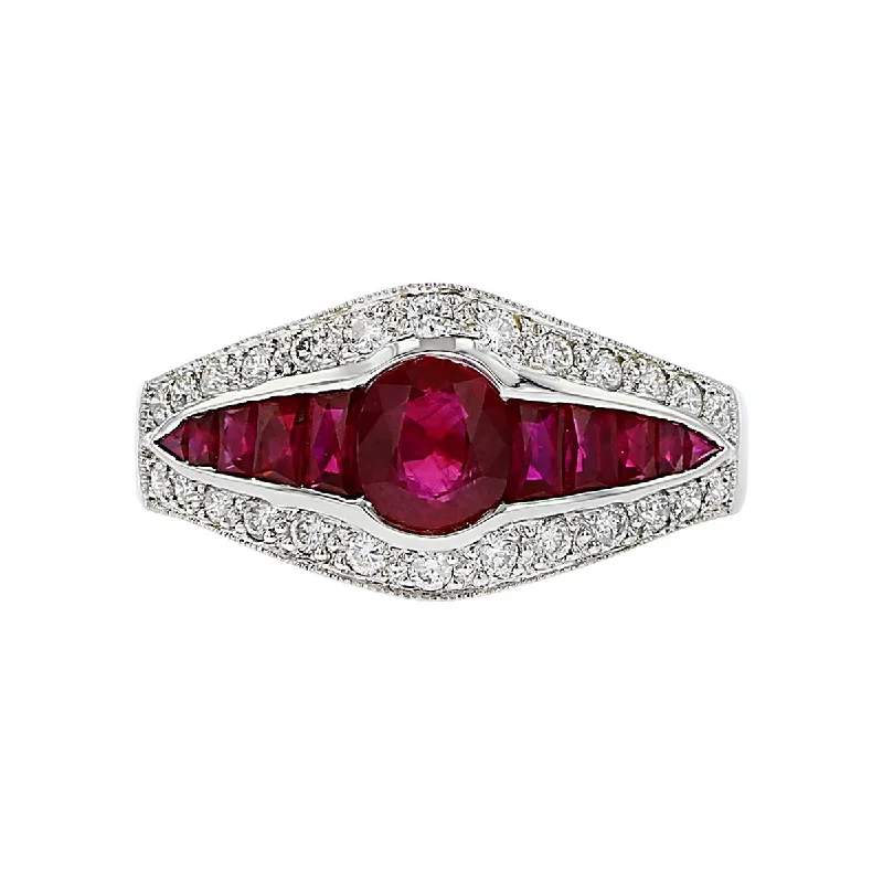 Platinum Oval and Mixed Cut Ruby and Diamond Ring