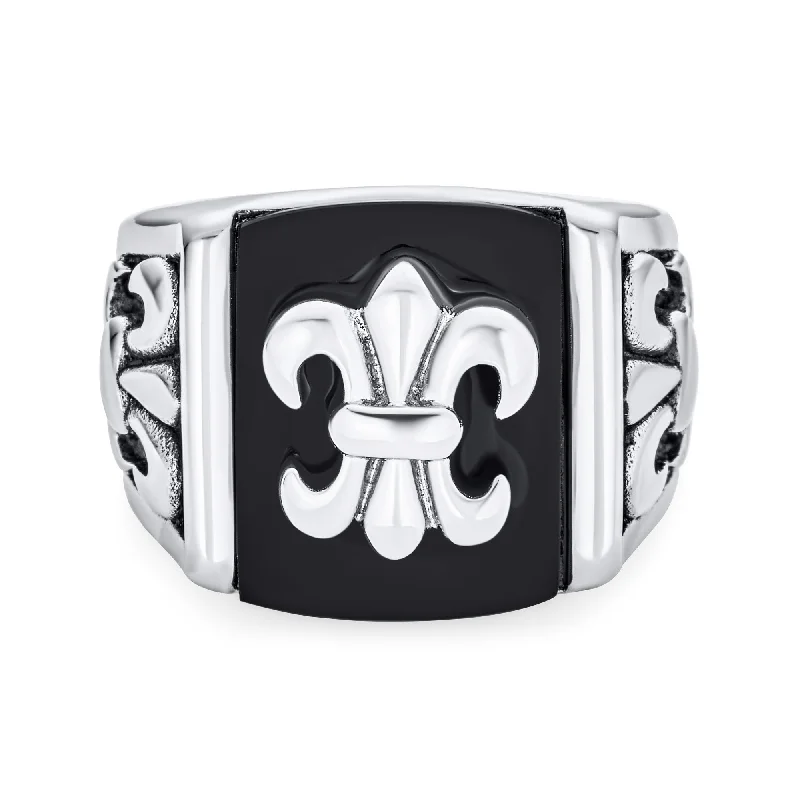 women’s black gold ring-Mens Stainless Steel Black Onyx Fleur De Lis Signet Ring Silver Tone