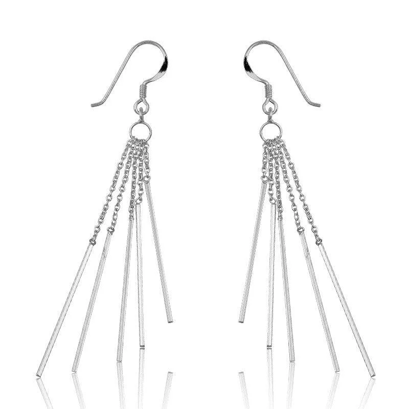 women’s diamond drop earrings-Sterling Silver 5 Chains with Bars Earrings