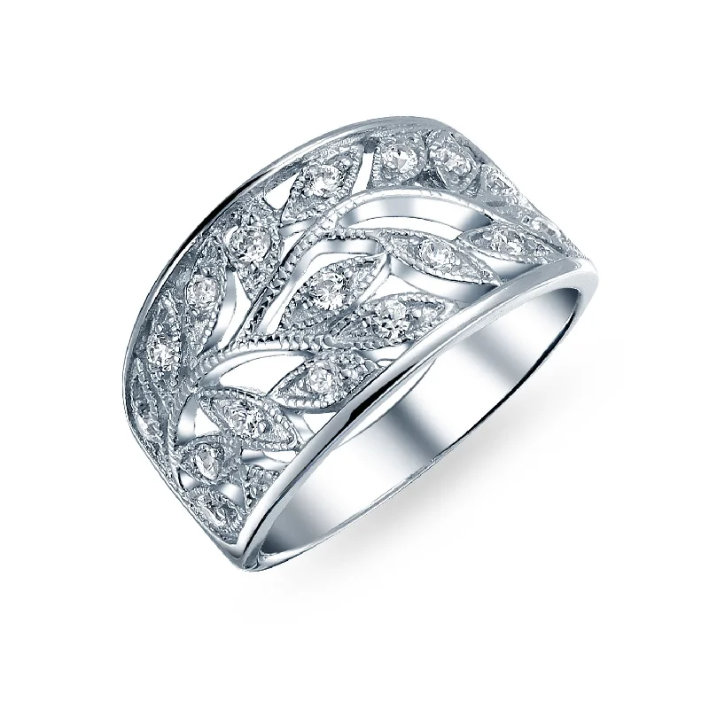 women’s sterling silver ring-Boho Pave Cubic Zirconia Silver Ring with Open Filigree Leaf Design