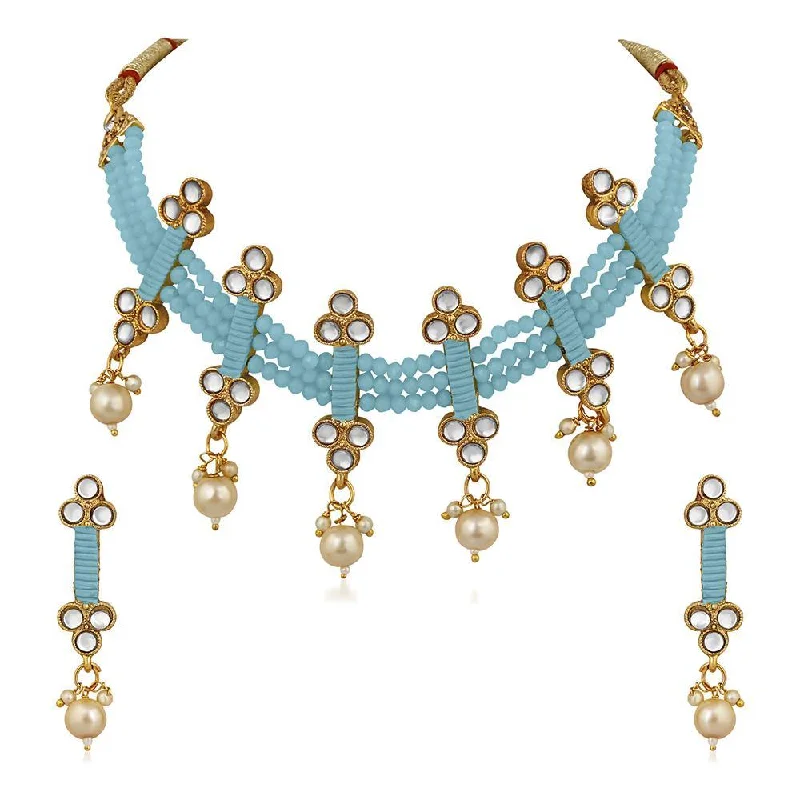 women’s snake chain necklace-Mahi Traditional Floral Kundan & Blue Beads Layered Choker Necklace Jewellery Set for Women (VNCJ100261BLU)