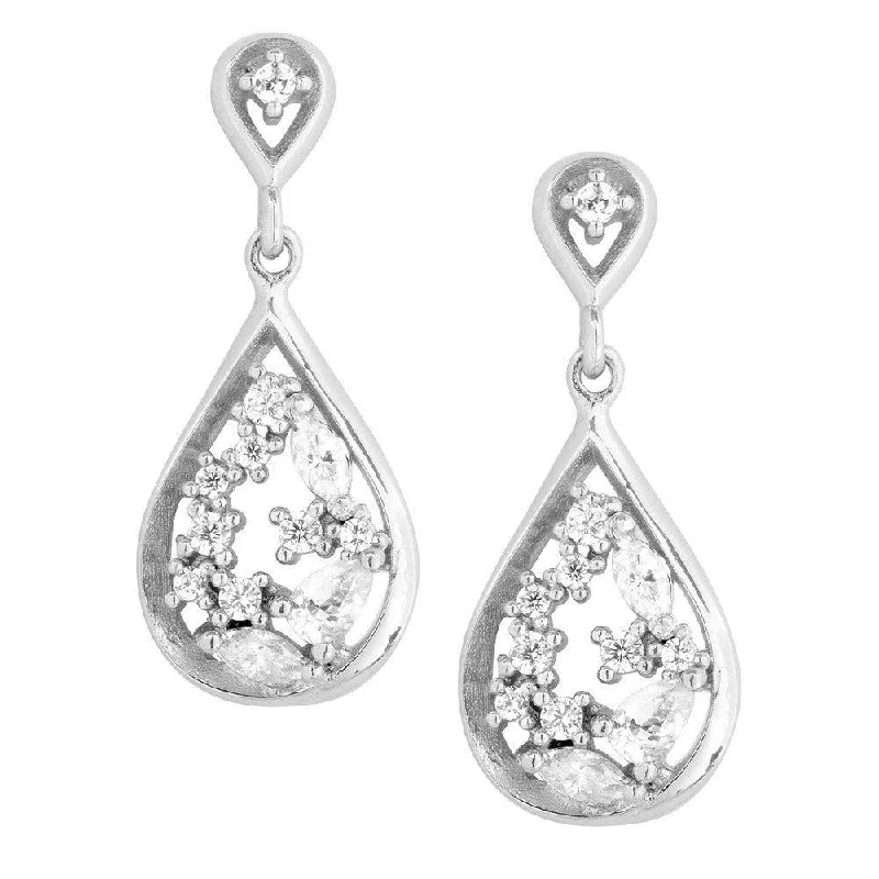 women’s chain earrings-Sterling Silver Open Micro Pave Teardrop Earrings