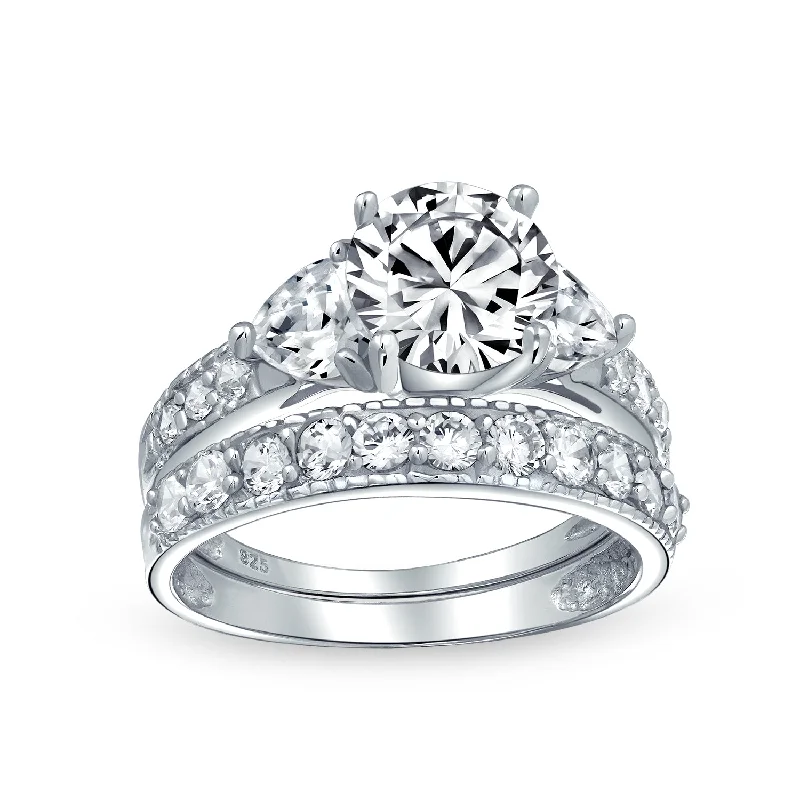 women’s cushion cut diamond ring-Classic Cocktail Statement Ring: 3CT Round Solitaire CZ Pave Band Sterling Silver