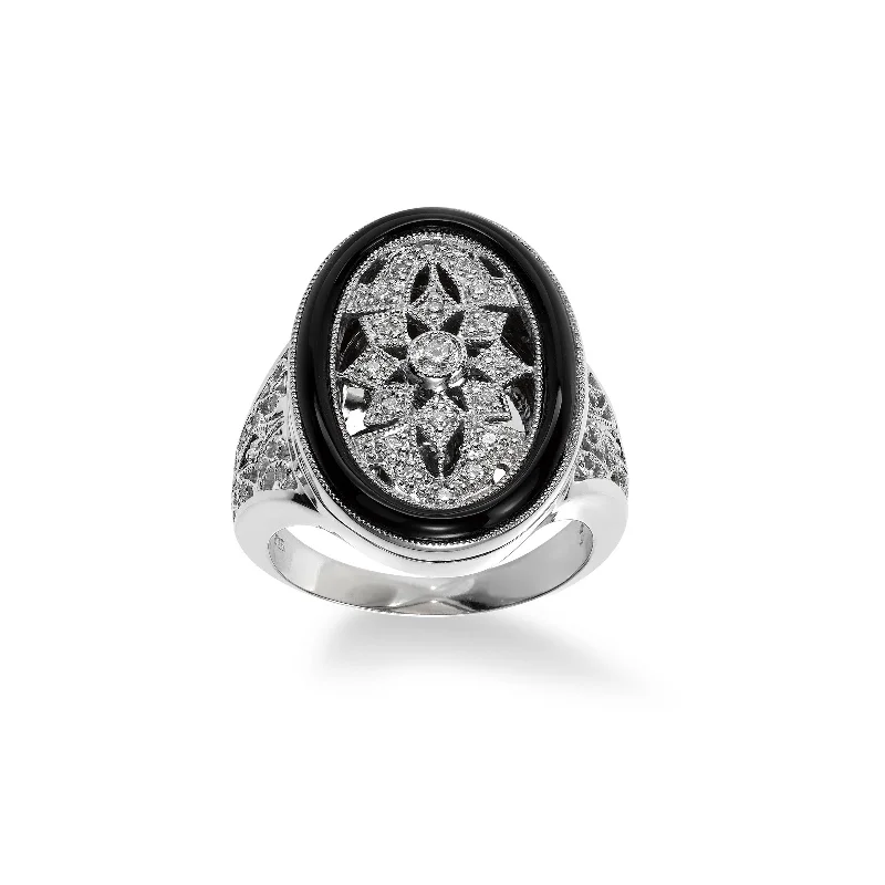 Deco Style Black Onyx and Diamond Ring Locket, Sterling Silver