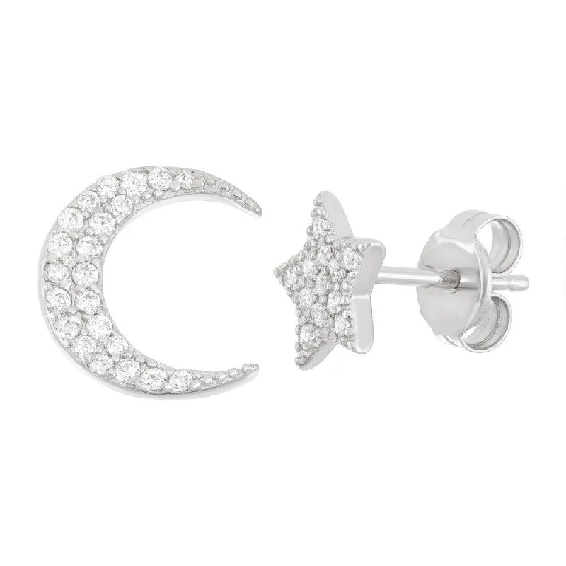 women’s clip-on earrings-Sterling Silver CZ Star and Moon Stud Earrings