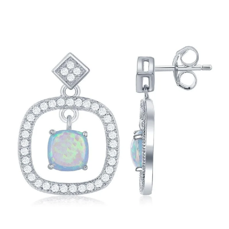 women’s teardrop earrings-Sterling Silver Open Square Center Opal CZ Earrings