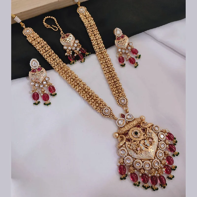 women’s luxurious necklace-Akruti Collection Gold Plated Kundan Stone And Pearls Meenakari Long Necklace Set