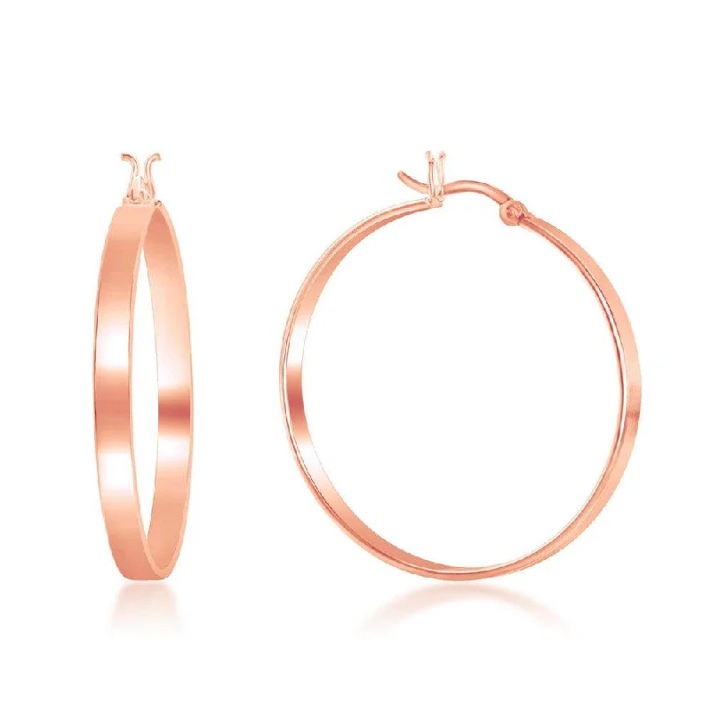 women’s pearl drop earrings-Sterling Silver Rose Gold Plated Flat Hoop Earrings, 4 x 35 mm