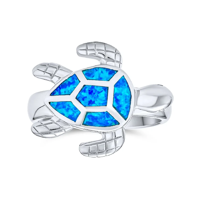 women’s rose gold engagement ring-Nautical Silver Ring with Iridescent Blue Opal Turtle Design Sterling