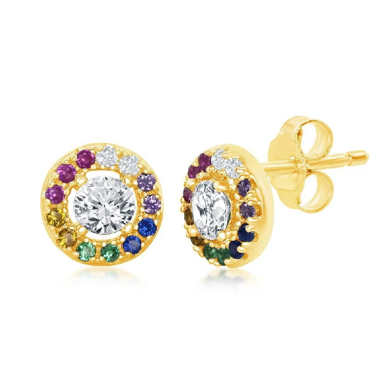 women’s pearl drop earrings-Sterling Silver Gold Plated Rainbow CZ Round Stud Earrings