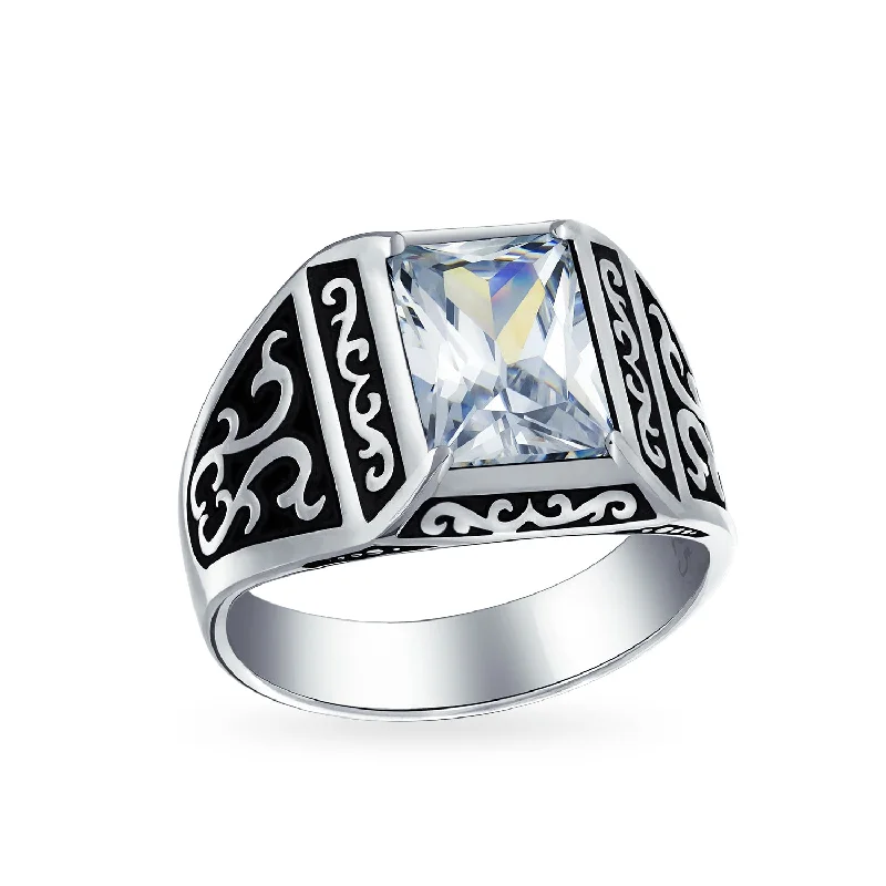 women’s gold plated ring-Mens Stainless Steel Viking Scroll Ring with Emerald Cut Cubic Zirconia Two Tone Silver