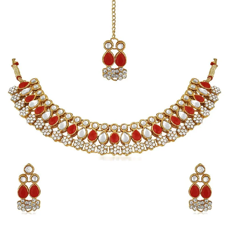 women’s infinity necklace-Mahi Red Kundan & Artificial Pearl Traditional Choker Necklace Earring & Maangtikka Set For Women (VNCJ100257RED)