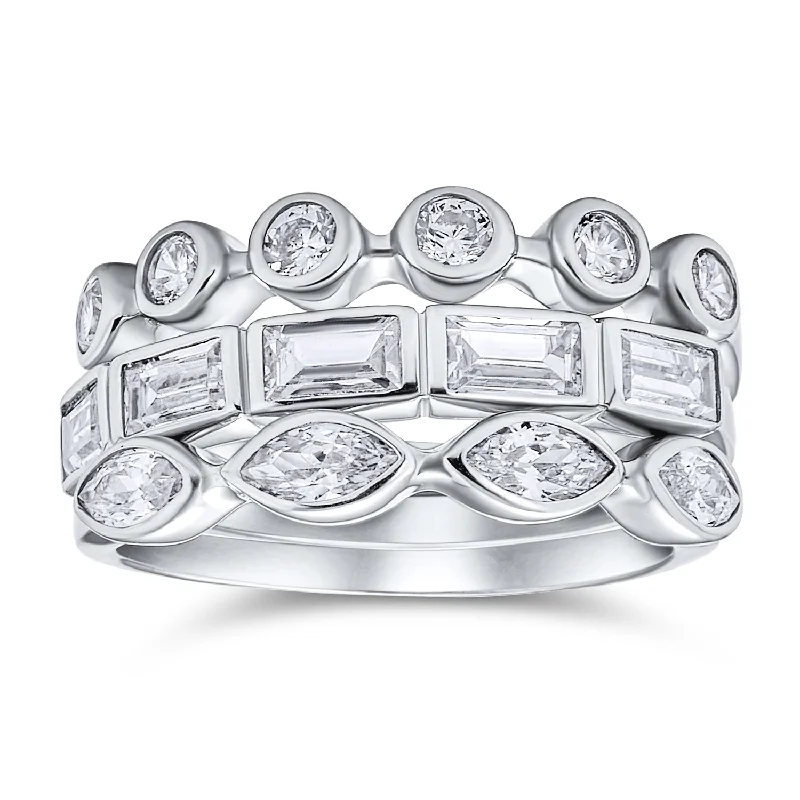 women’s diamond eternity ring-3 Set Geometric Cocktail Statement Ring with CZ Baguette Marquise Round Stackable Bands