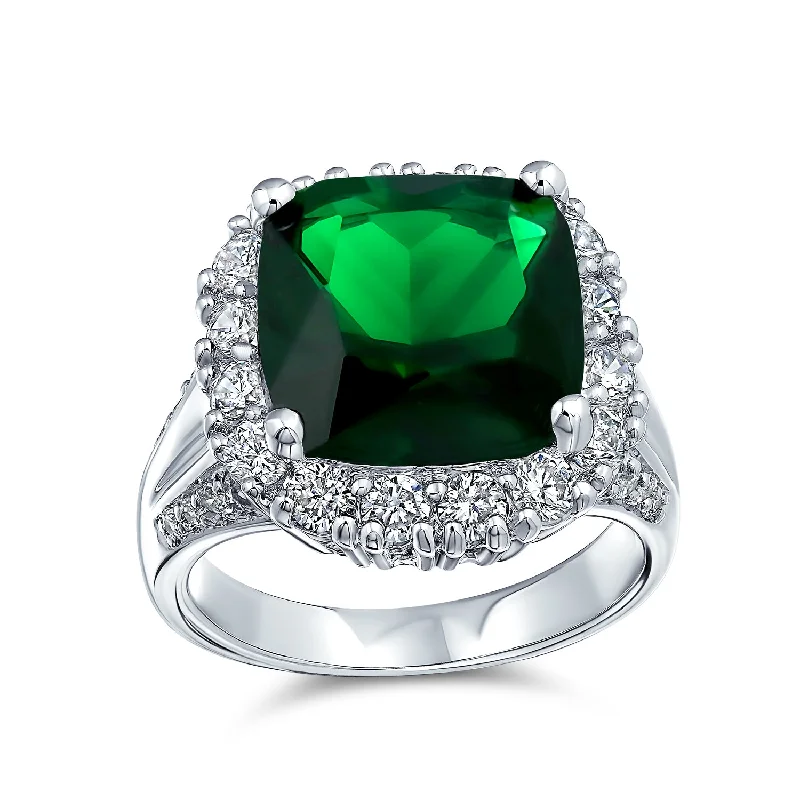 women’s birthstone ring-7CT Green CZ Emerald Cut Cocktail Statement Ring Silver Plated Brass