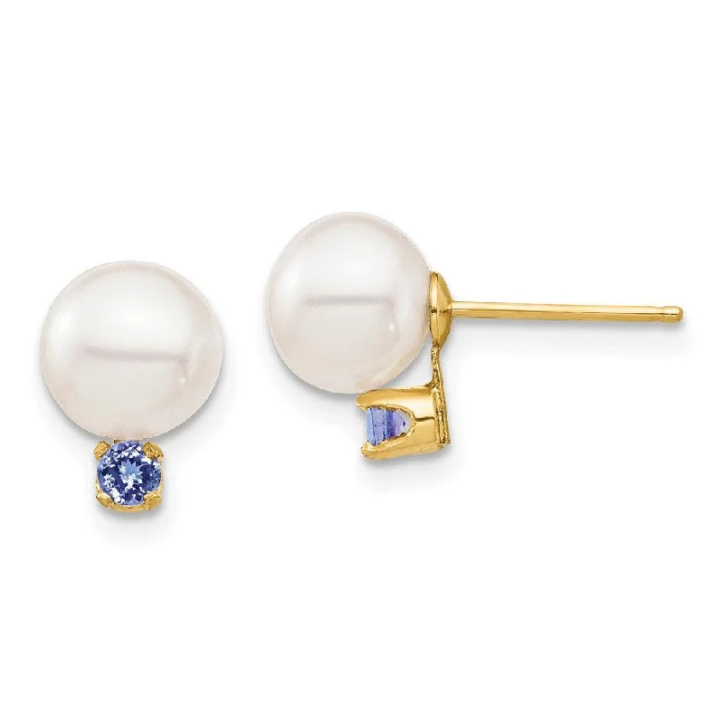 women’s luxury earrings-14K 7-7.5mm White Round Freshwater Cultured Pearl Tanzanite Post Earrings