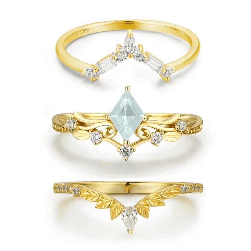 women’s geometric ring-Victorian Lace Aquamarine©, Monte Arc, and Woodland Ring Set (Yellow Gold)