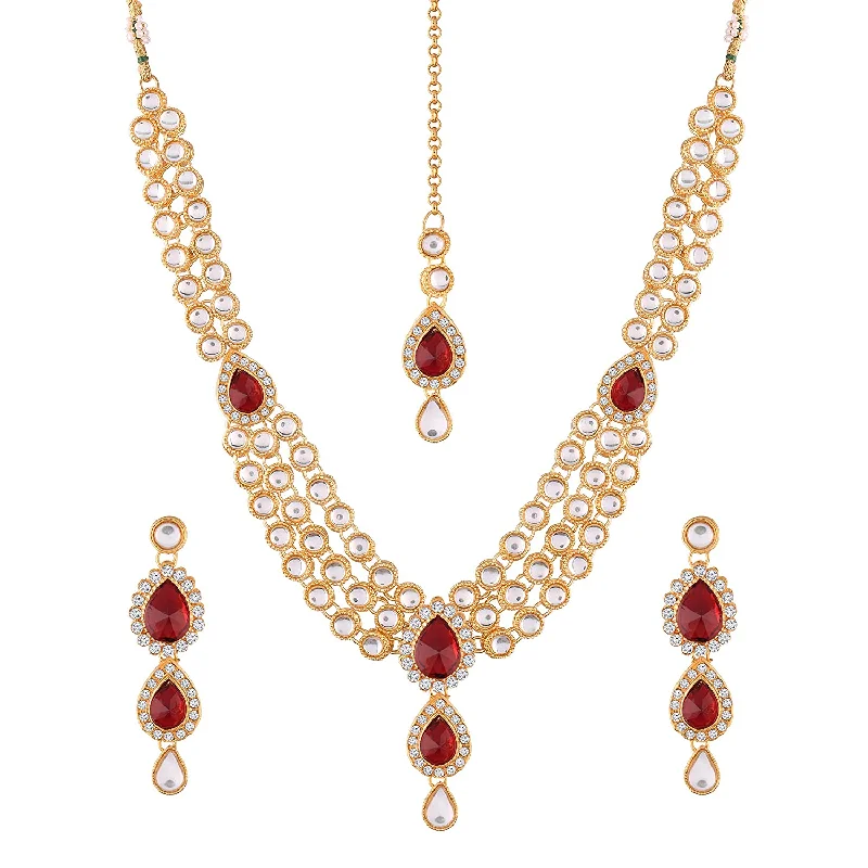 women’s gemstone pendant necklace-Etnico Traditional Gold Plated Kundan Necklace Set for Women (IJ315R)