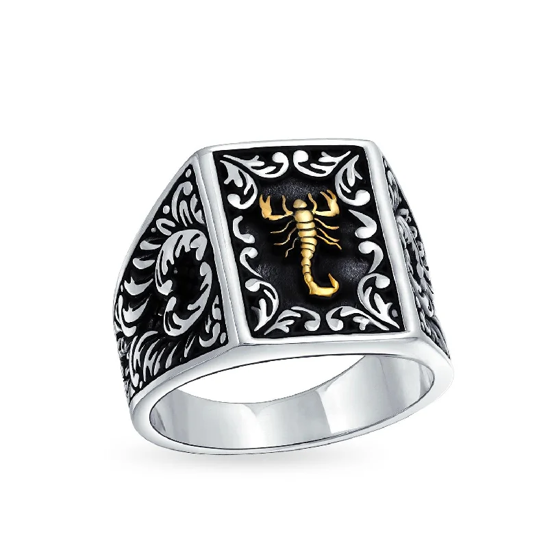 women’s diamond ring-Mens Silver Ring Zodiac Scorpion Signet Statement Black Two Tone Brass Patina 925 Silver