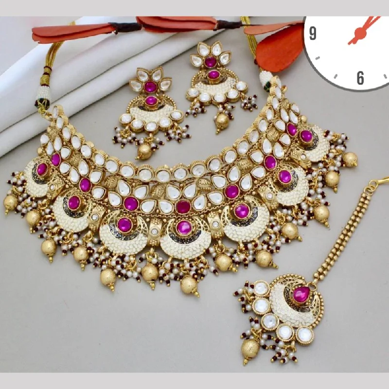 women’s tennis necklace-Manisha Jewellery Gold Plated Pota Stone And Pearls Meenakari Choker Necklace Set