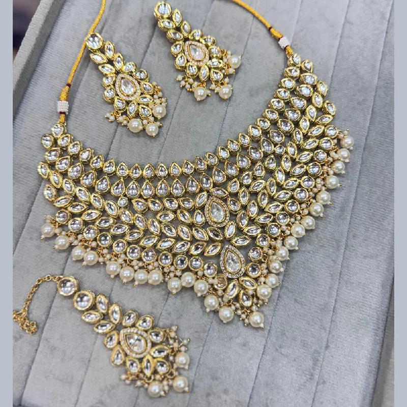 women’s custom gold necklace-JCM Gold Plated Kundan Stone And Pearls Choker Necklace Set