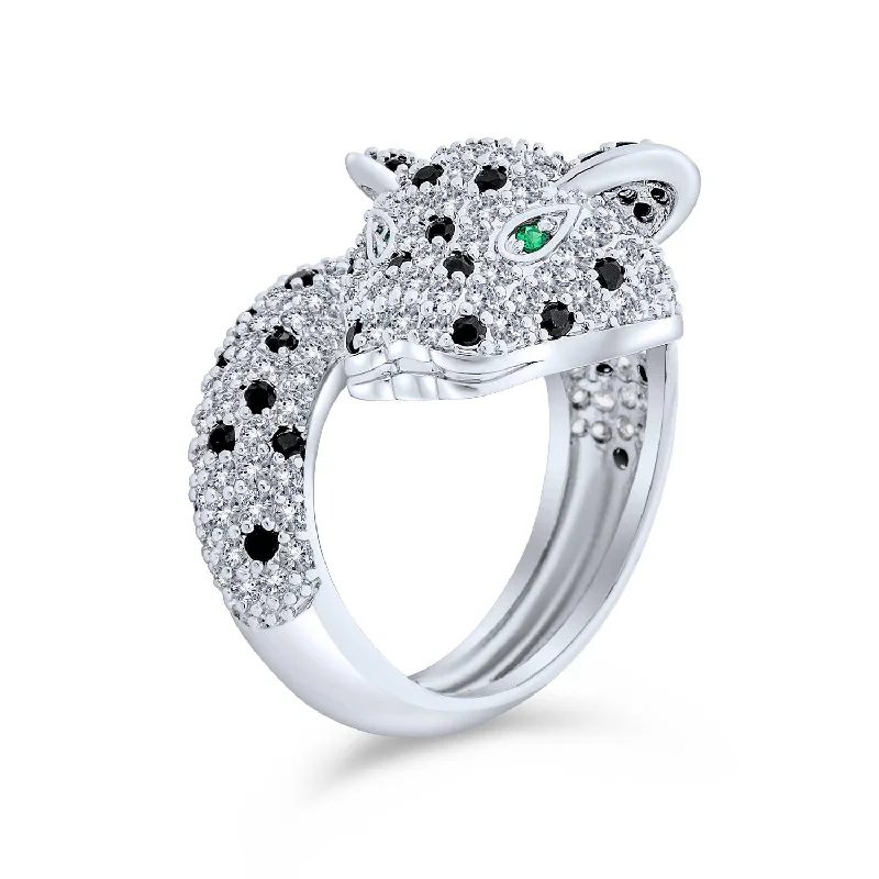 women’s gold signet ring-Green Eye Cubic Zirconia Cocktail Statement Ring Silver-Plated Panther Design