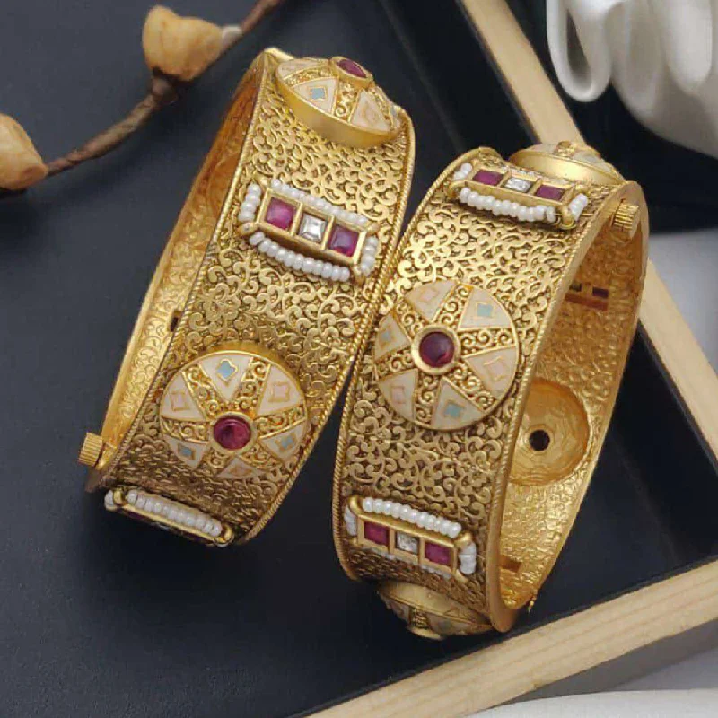 women’s antique-style engagement rings-women’s stackable bangle-Akruti Collection Gold Plated Pota Stone And Meenakari Openable Bangles Set