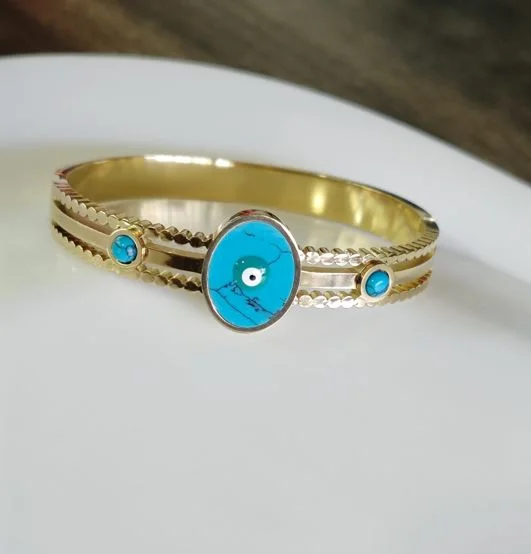 women’s radiant cut engagement rings-women’s gemstone chain bracelet-Tarohi Jewels Stainless Steel Gold Plated Turquoise Evil Eye Kada- STKD 4834