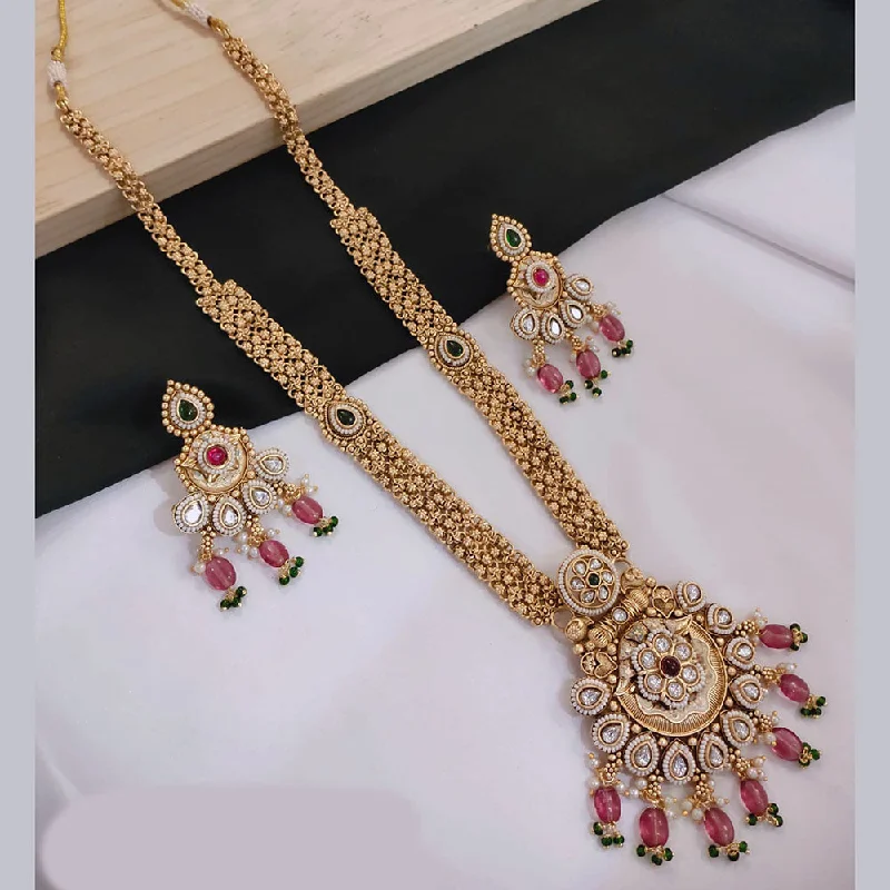 women’s initial necklace-Lucentarts Jewellery Gold Plated Pota Stone And Meenakari Long Necklace Set