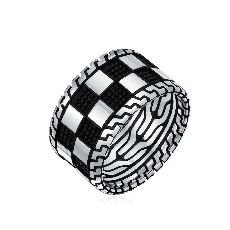 women’s sapphire engagement ring-Mens Silver Ring Two Tone Black Geometric Check Board Chess Band .925 Silver