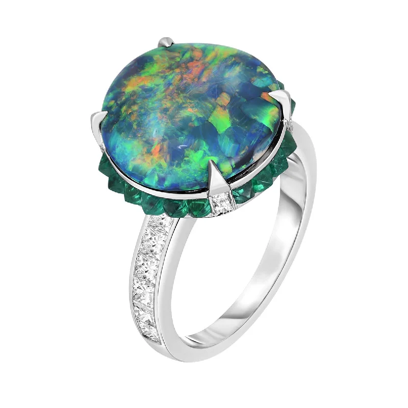 Platinum Black Opal, Emerald Halo and Diamond Ring