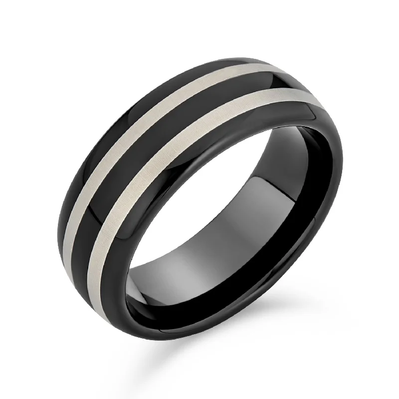 women’s cocktail ring-Simple Dome Black Silver Tungsten Wedding Band Ring with Two-Tone Center Stripe Comfort Fit