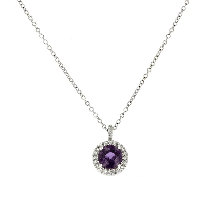 women’s adjustable necklace-Purple Sapphire and Diamond Halo Pendant Necklace