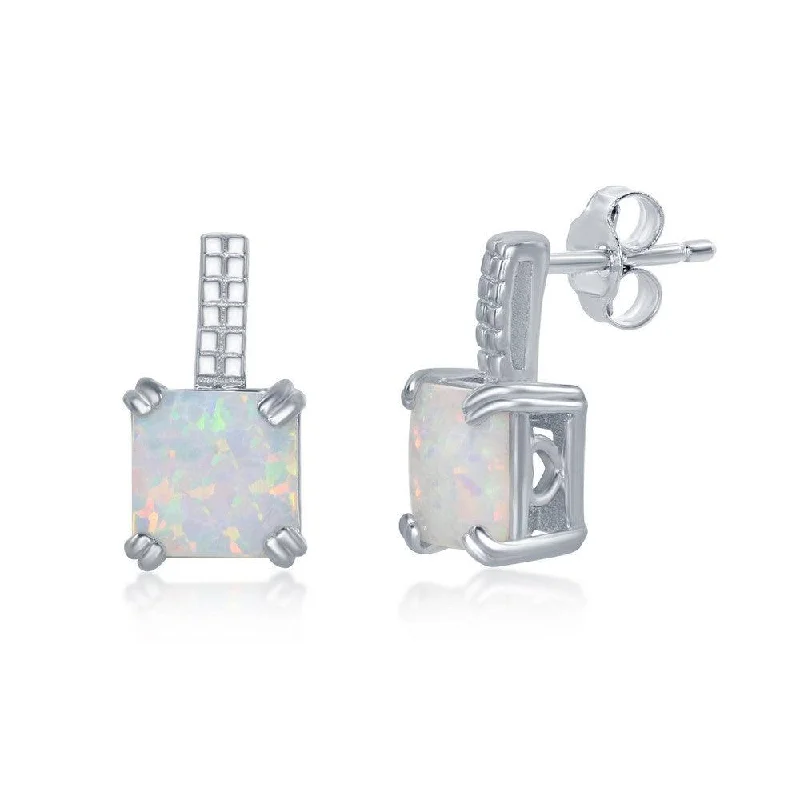 women’s gemstone stud earrings-Sterling Silver Beaded Bar and White Opal Earrings