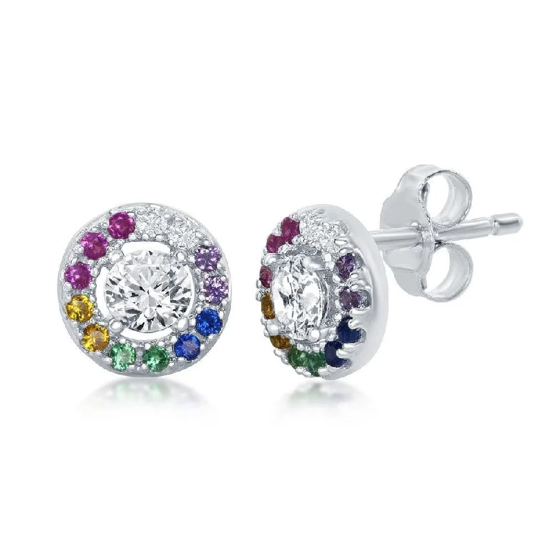 women’s custom-designed earrings-Sterling Silver Rainbow CZ Round Stud Earrings