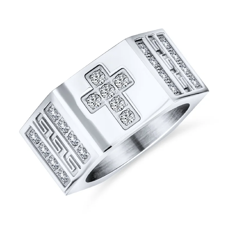 women’s heirloom ring-Religious Mens Stainless Steel Greek Key CZ Cross Ring Band Silver Tone