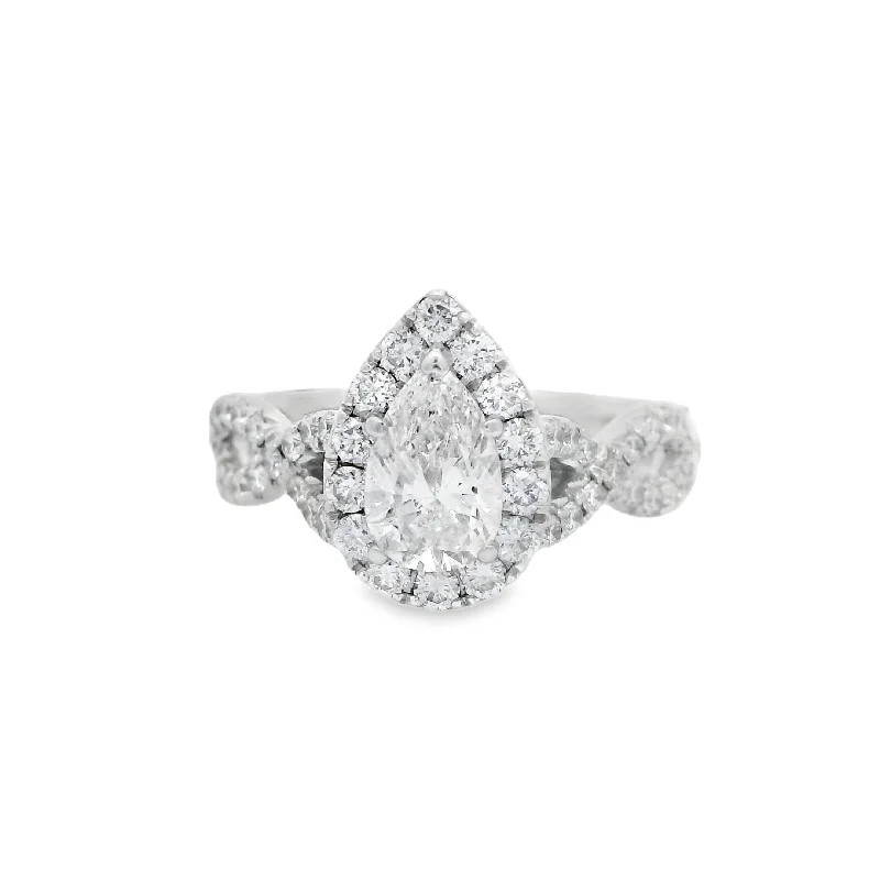 White Gold GIA Pear Halo Twist Diamond Ring