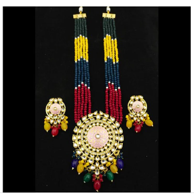 women’s snake chain necklace-Darshana Jewels Gold Plated Kundan Stone & Beads Long Necklace Set