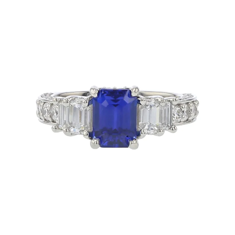 Emerald-cut Sri Lankan Sapphire and Diamond Ring