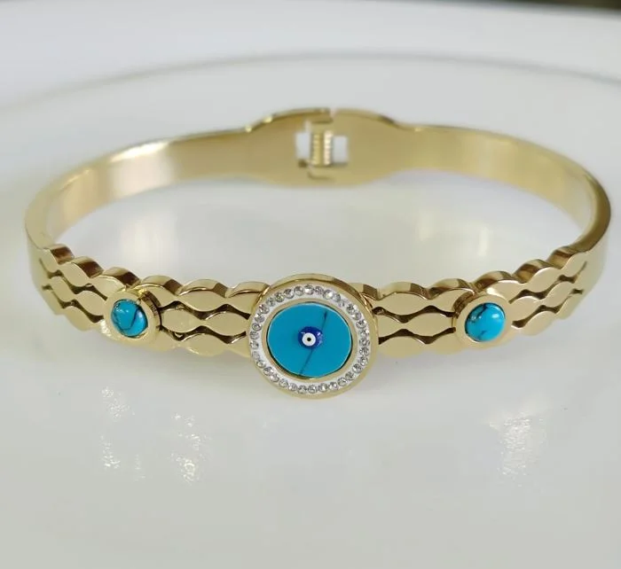 women’s engagement rings with side diamonds-women’s chain bangle-Tarohi Jewels Stainless Steel Gold Plated Turquoise Evil Eye Kada- STKD 4840