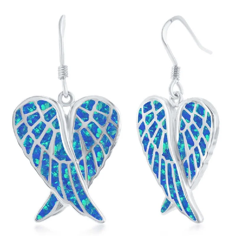 women’s silver earrings-Sterling Silver Blue Inlay Angel Wings Earrings