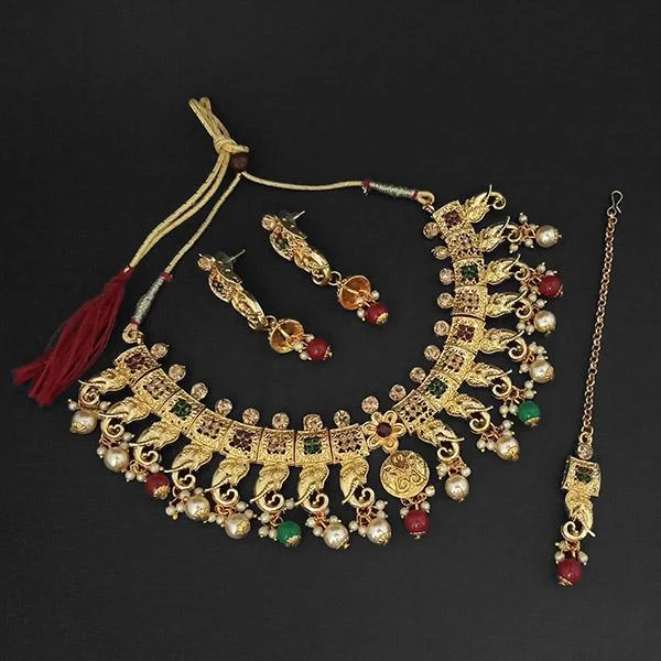 women’s chain necklace-Amina Creation Gold Plated Green Austrian Stone Necklace Set With Maang Tikka -1107990C