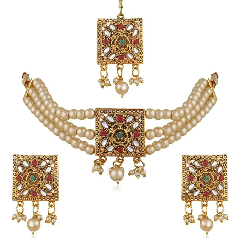 women’s round necklace-Mahi White Kundan & Artificial Pearl Traditional Choker Necklace Earring & Maangtikka Set For Women (VNCJ100248)