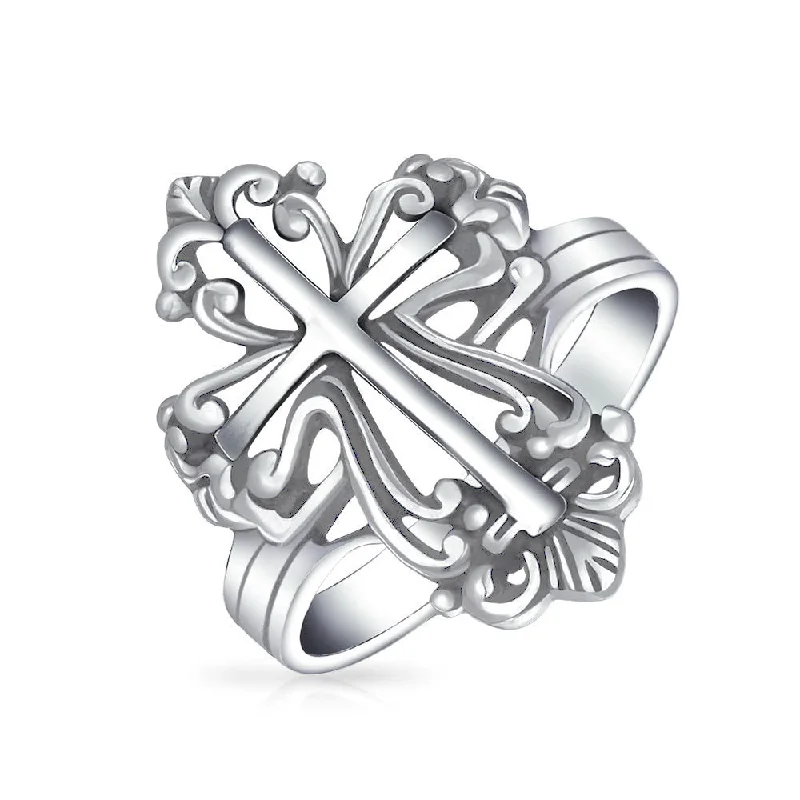 women’s cocktail ring-Vintage Style Fleur De Lis Cross Silver Ring for Men Oxidized Sterling