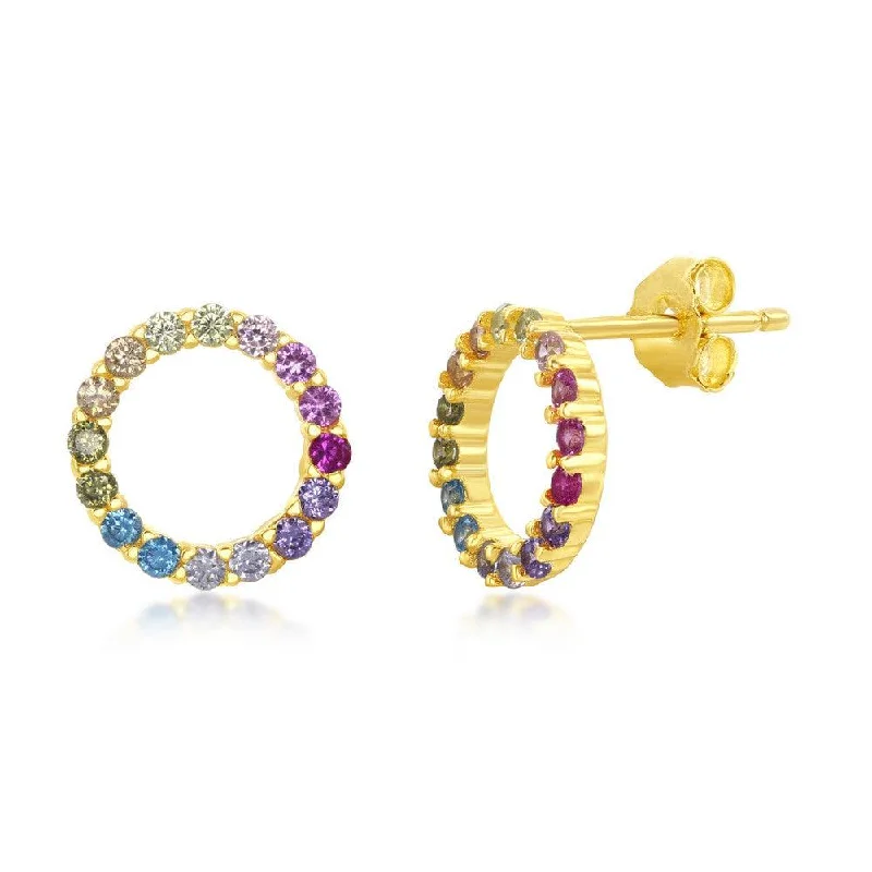 women’s fashion earrings-Sterling Silver Gold Plated Rainbow CZ Circle Stud Earrings