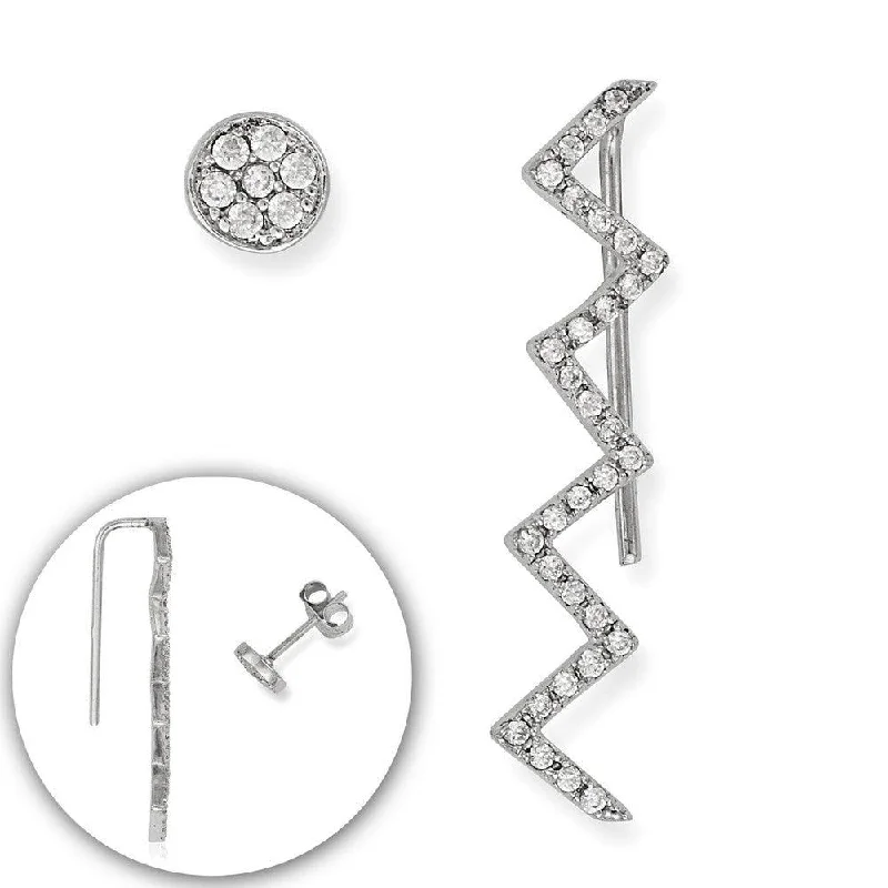 women’s luxury statement earrings-Sterling Silver Zig Zag CZ Climber Stud Earrings