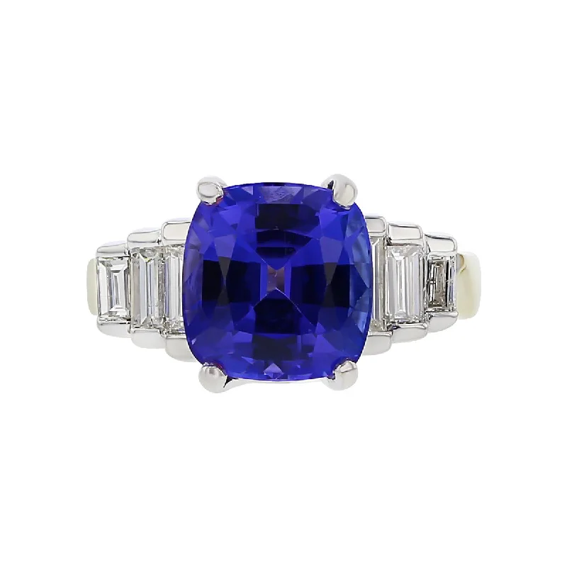 Cushion-cut Tanzanite and Baguette Diamond Ring