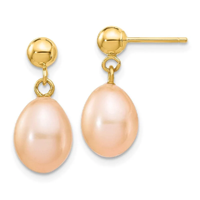 women’s vintage stud earrings-14k 7-8mm Pink Rice Freshwater Cultured Pearl Dangle Post Earrings