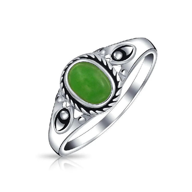 women’s designer ring-Petite Cabochon Boho Silver Ring with Green Jade and Filigree Band August Birthstone