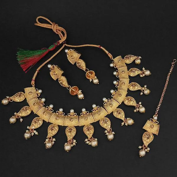 women’s custom necklace-Amina Creation Brown Austrian Stone And Pearl Necklace Set With Maang Tikka -1107993A